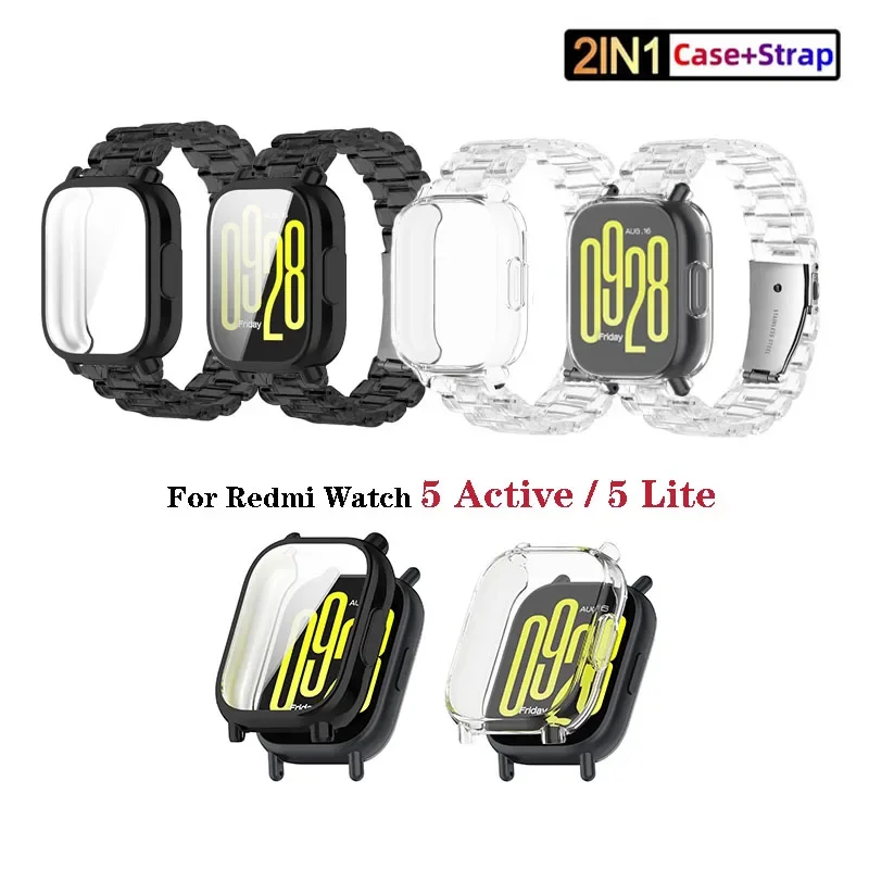 

For Xiaomi Redmi Watch 5 Active / 5 Lite 2PCS Transparent Resin Strap+Soft TPU Case Adjustable Strap