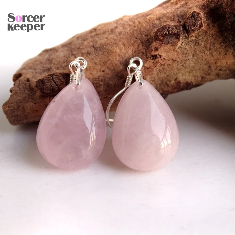 100% Natural Stone Pink Rose Quartz Dangle Earring Female Real 925 Sterling Silver Earrings for Women Fashion Jewelry PS467