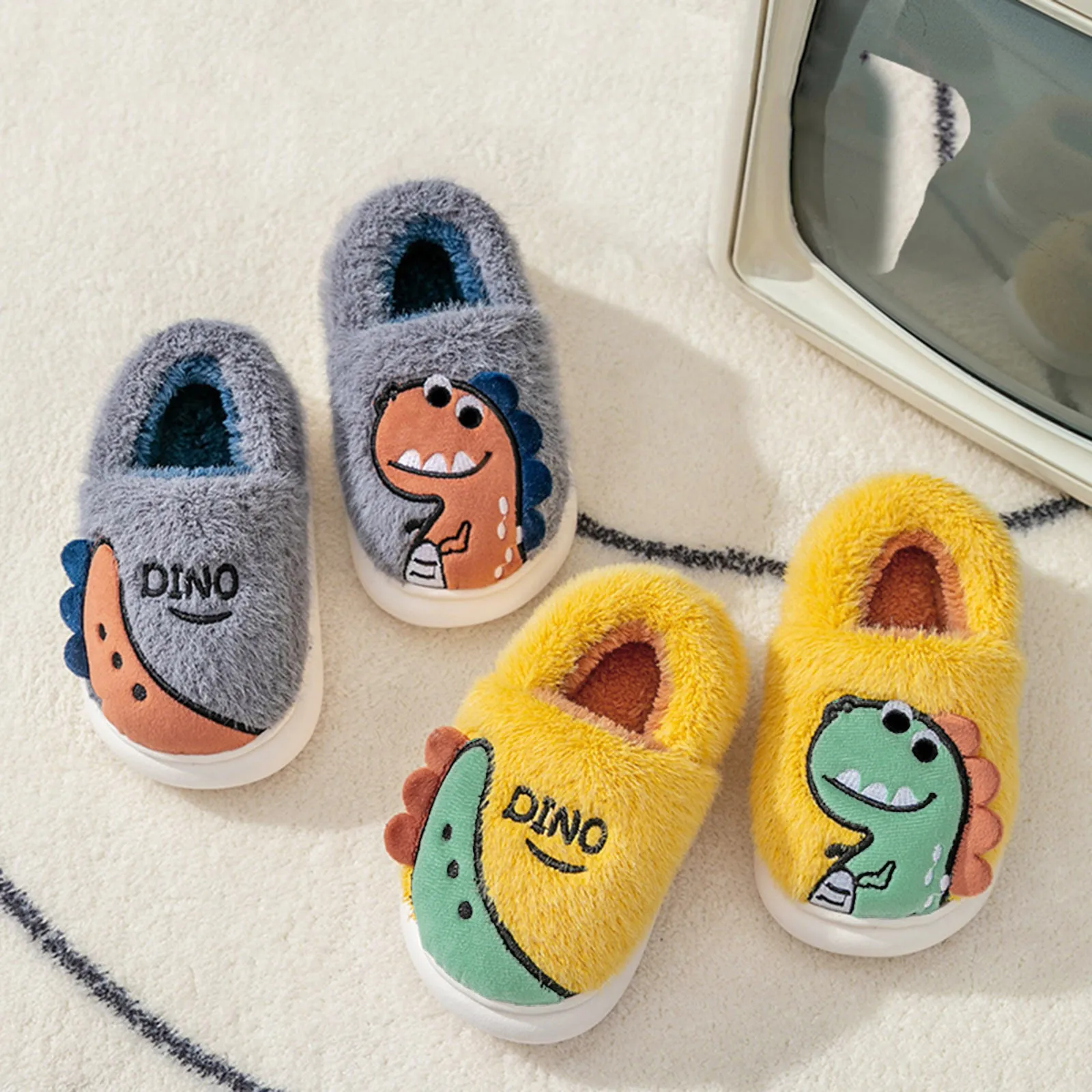 Winter Children Classic Cartoon Dinosaur Embroidered Plush Slippers Boys Girls Soft Soled Non-slip Warm Indoor Kids Cotton Shoes