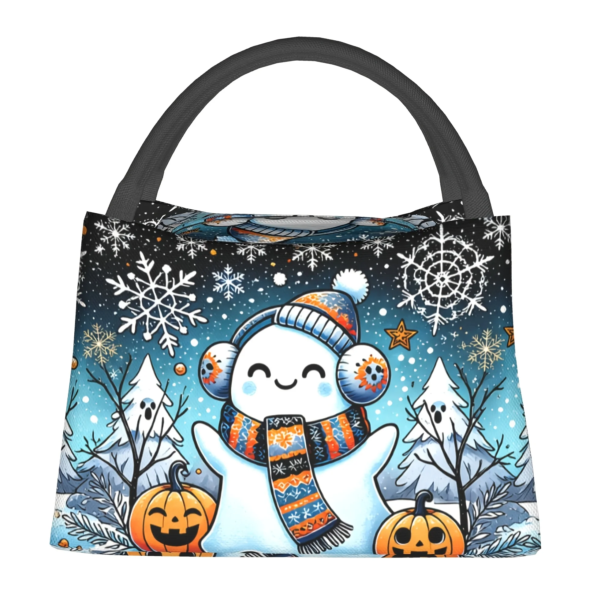 1pc, Cute Snowman Pumpkin Snowflake Pattern, Printed Insulated Lunch Bag, Reusable Handheld Design, Multifunctional Thermal