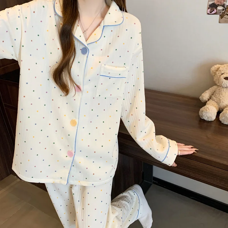 Korean Style Ins Colorful Dot Air Cotton Pajamas for Women, Thickened Layered Long Sleeve Homewear Set for Autumn and Winter.