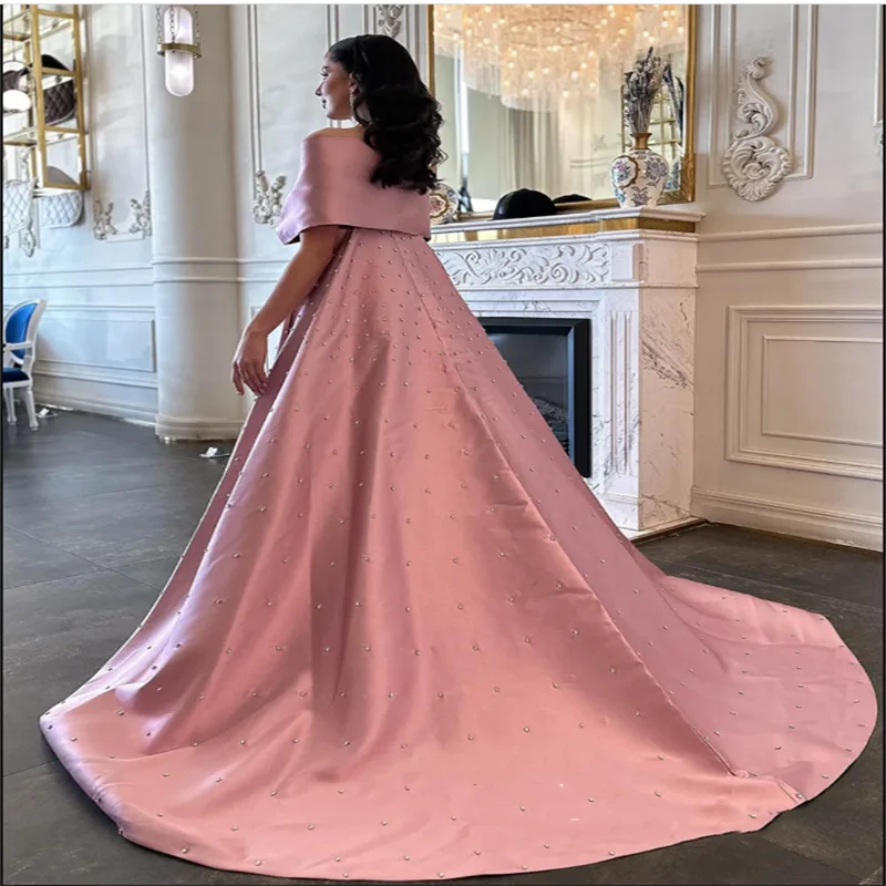 Fashion Stone Evening Dress Customized Off Shoulder V Neck Pleat A Line Satin Prom Dresses Saudi Arabic Formal Occasion Gown