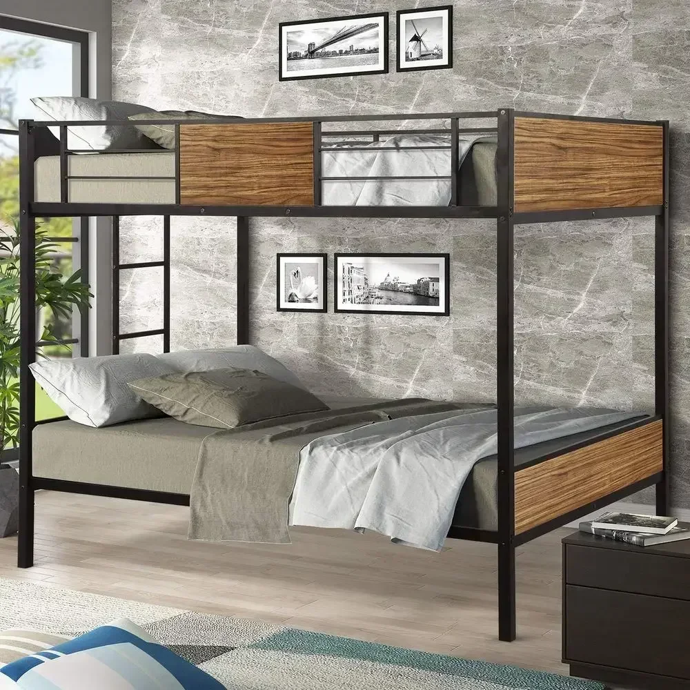 Sturdy Steel Bunk Bed with Safety Rail and Built-in Ladder for Bedroom or Dorm (Black + Brown)