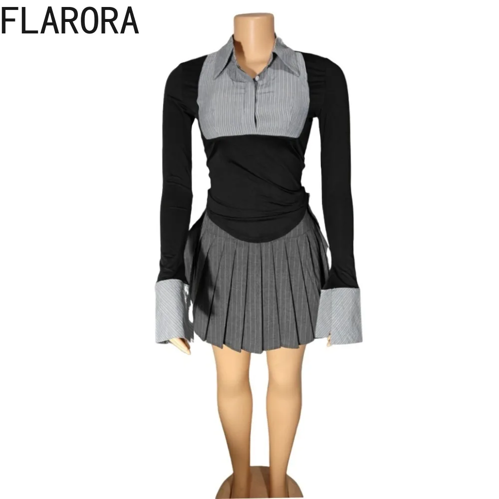 FLARORA موضة المرقعة 2 قطعة مجموعة امرأة بولو الرقبة شريط طباعة سليم القمم والتنانير مطوي وتتسابق الإناث أنيقة الشارع الشهير