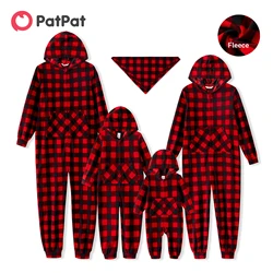 PatPat Christmas Family Matching Red Plaid Hooded Long-sleeve Thickened Polar Fleece Zipper Onesies Pajamas (Flame Resistant)