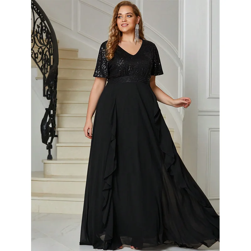 

Plus Size V Neck Black Sequin Loose Long Dress 5XL6XL Big Size Ruffled Black Chiffon Short Sleeve Summer Dress Women
