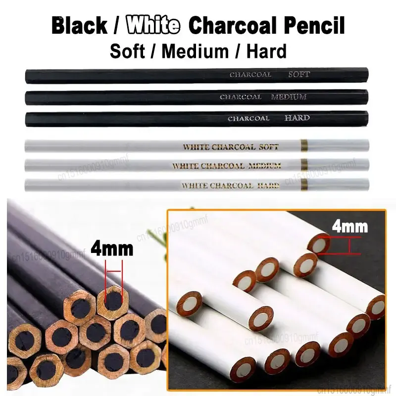 3Pcs 6Pcs Set Black White Charcoal Pencil Soft Medium Hard 4mm Lead Core Shadow Highlight Details Process For Art Sketch Drawing