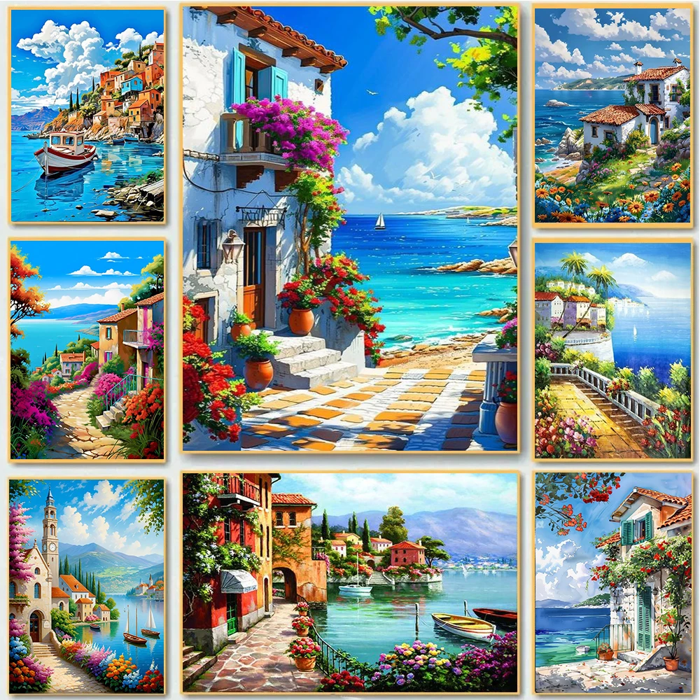 Beautiful Landscape Seaside Town Posters And Prints Nature Scenery Blue Sky Flower Living Room Bedroom Wall Decor Art Home Decor