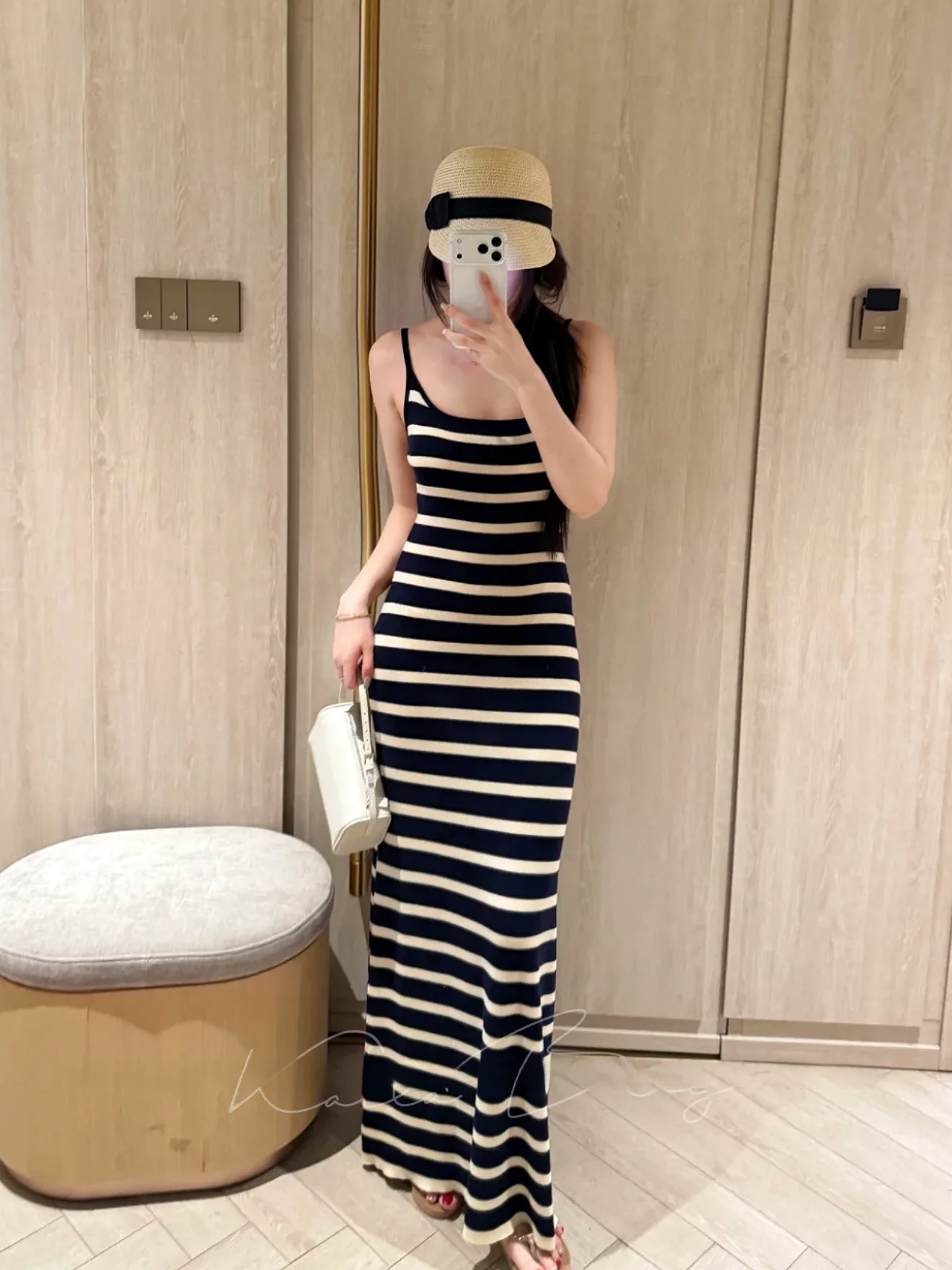 

Slimming Knitted Wrap Dress High Waist Striped Bodycon Dress Early Spring Fashion Two-Way Wear Comfortable Elastic Knit Dress