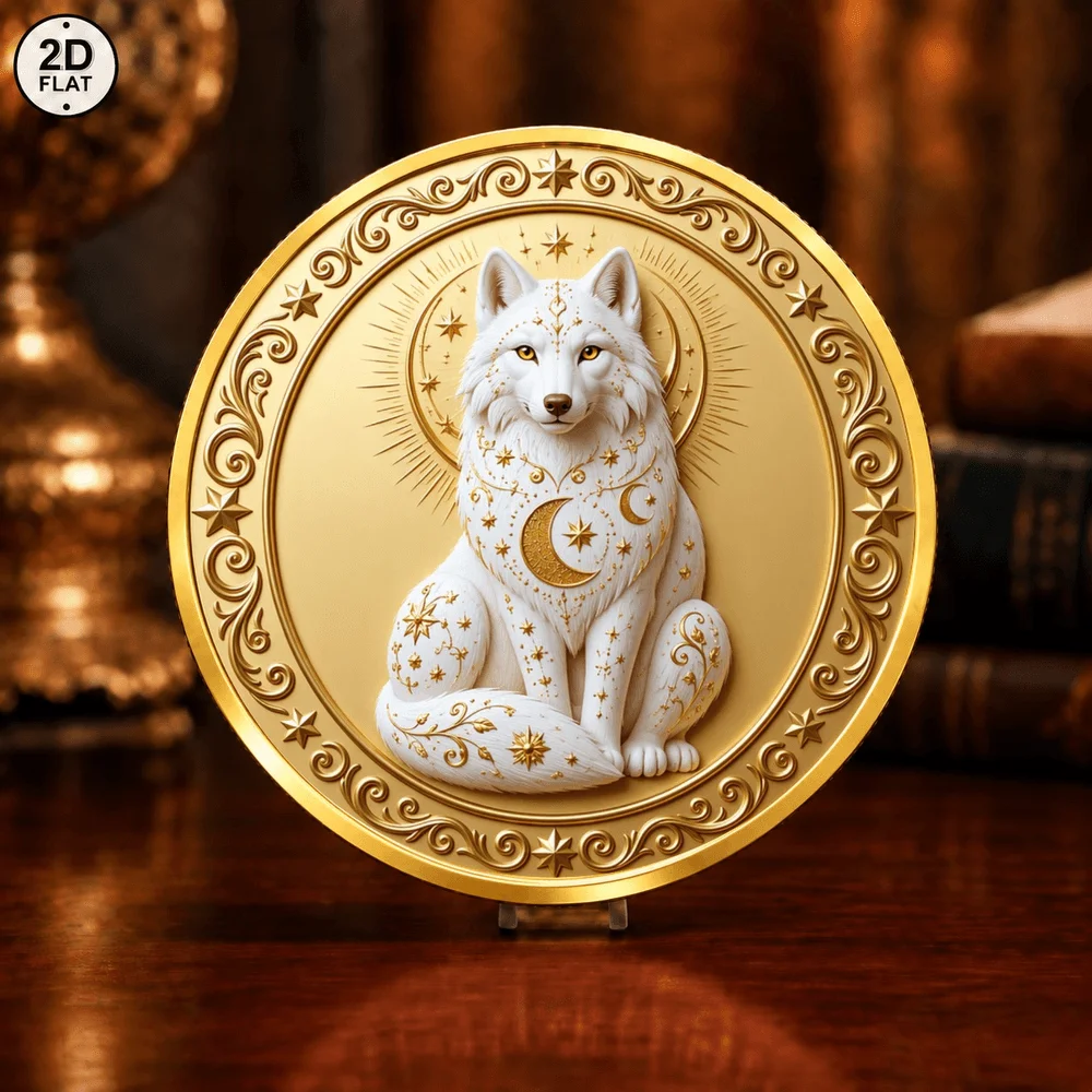 1pc Mystical White Fox Commemorative Coin 2D UV Print Fantasy Myth Animal Art Challenge Medal Keepsake Gifts for Mythic Lovers