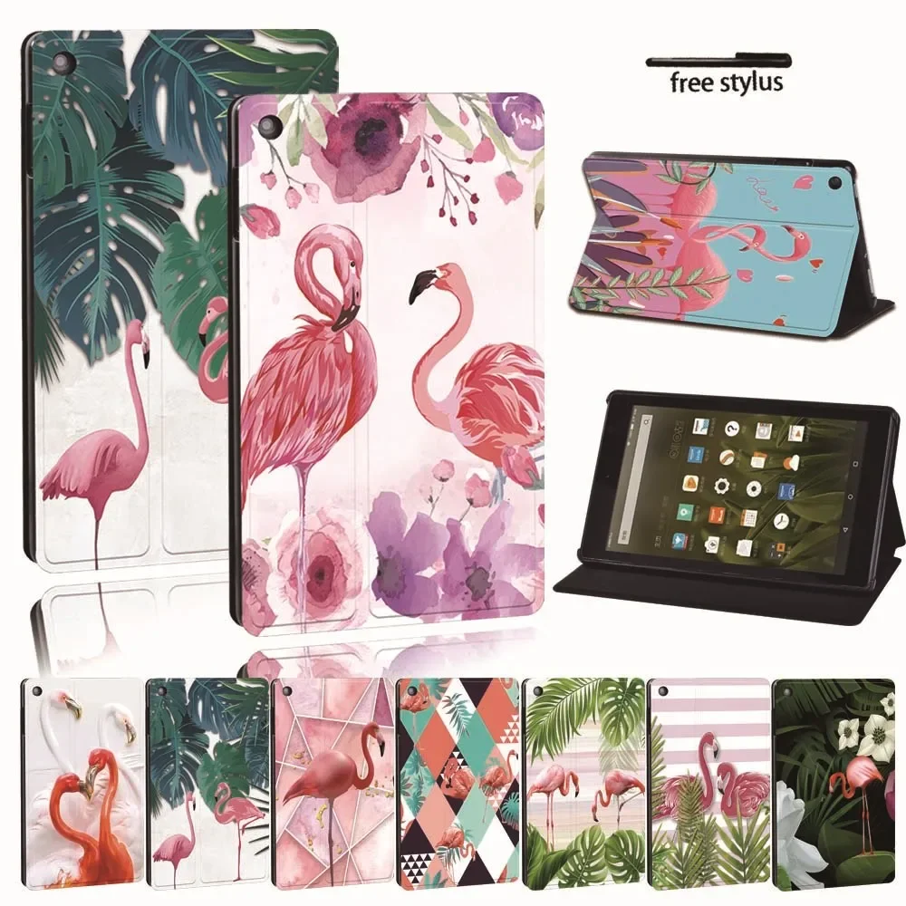 

Case For Fire 7 5/7/9th Fire HD 8 10 alexa Printed PU Leather Tablet Stand Folio Ultra-thin flamingo tablet Stand Cover+Stylus