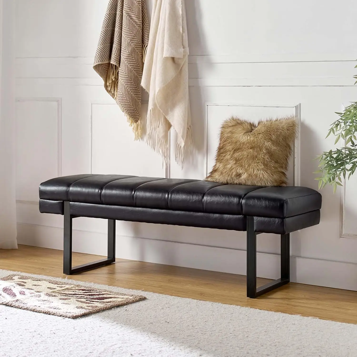 53' Faux Leather Entryway Bench, Button Tufted End of Bed Bench Ottoman for Bedroom, Living Room with Metal Base,Black