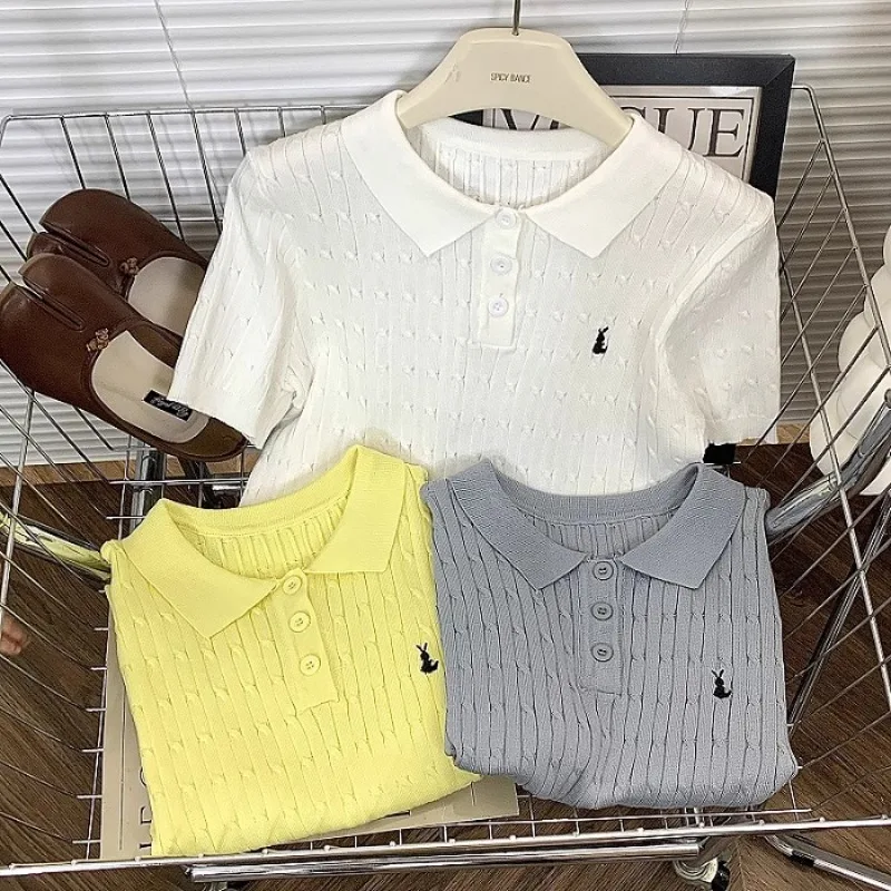 

Summer Soft Twist Knitting Sweater POLO Shirts Chic Embroidrry Solid Short Sleeve T-shirt Elastic Skinny Elegant Women Sweet Tee