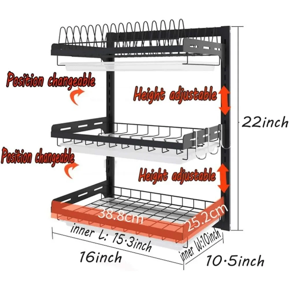 %a 3 Tier Black Stainless Steel Dish Drying Rack Fruit Vegetable Storage Basket with Drainboard
