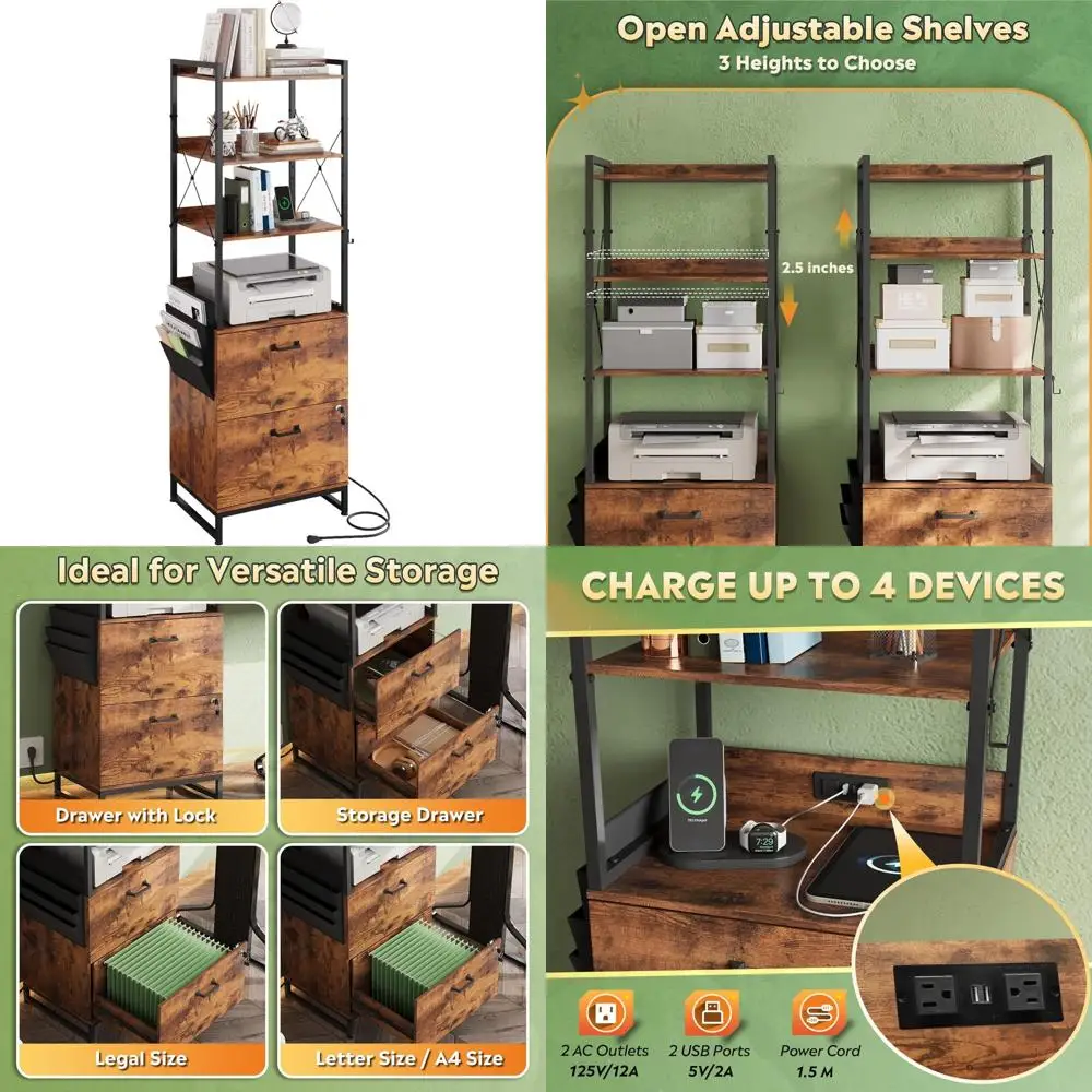 خزانة ملفات قابلة للقفل بدرجين مع قاعدة شحن ورف وخطافات قابلة للتعديل للمكتب المنزلي