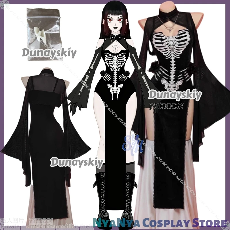 

2025 New Halloween 할로윈 코스튬 Cosplay Anime Party Bones Hollowed Out Dark Gothic Dress Sexy Black Slit Bell Sleeves Horror Lolita