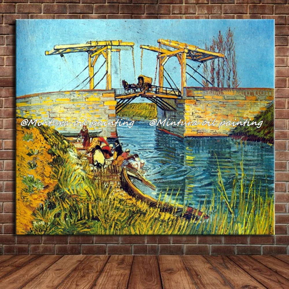 Mintura,Handpainted Copy Langlois Bridge At Arles With Women Washing Of Vincent Van Gogh Oil Paintings On Canvas,Wall Decoration