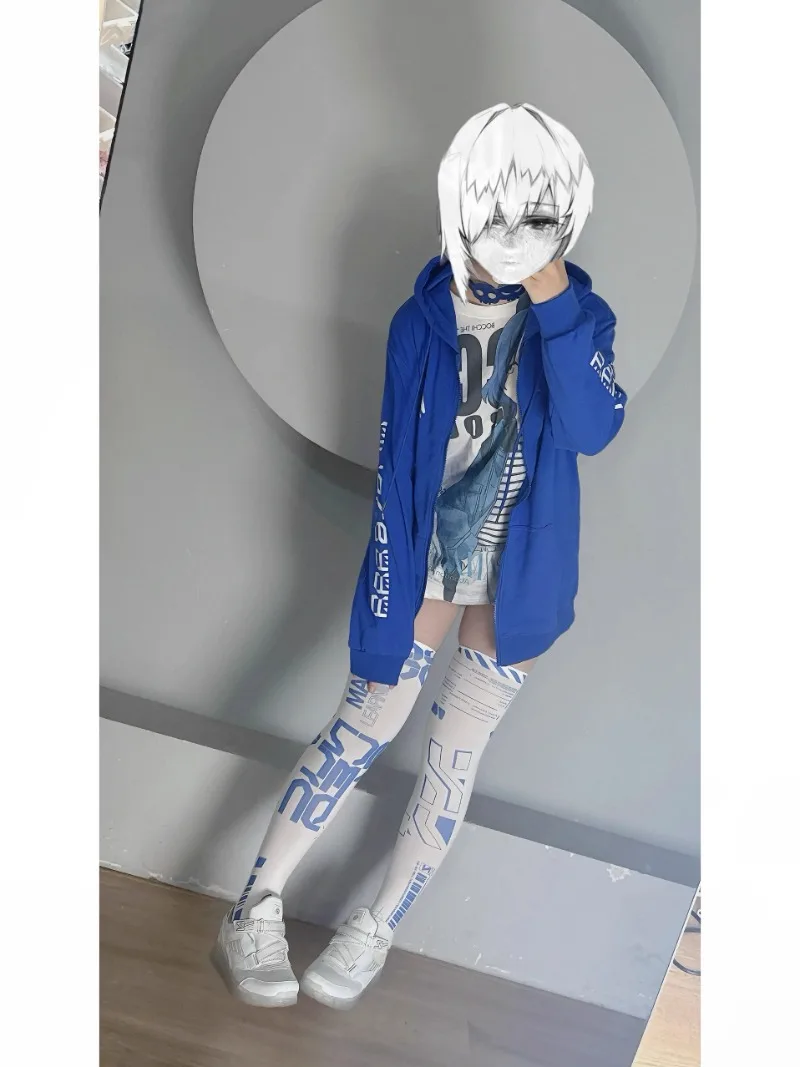 Japanese Long-sleeved Zipper Hoodies Blue Mechanical Spine Print Large Hooded Loose Spring Autumn Thin Sweatshirt Jacket Clothes