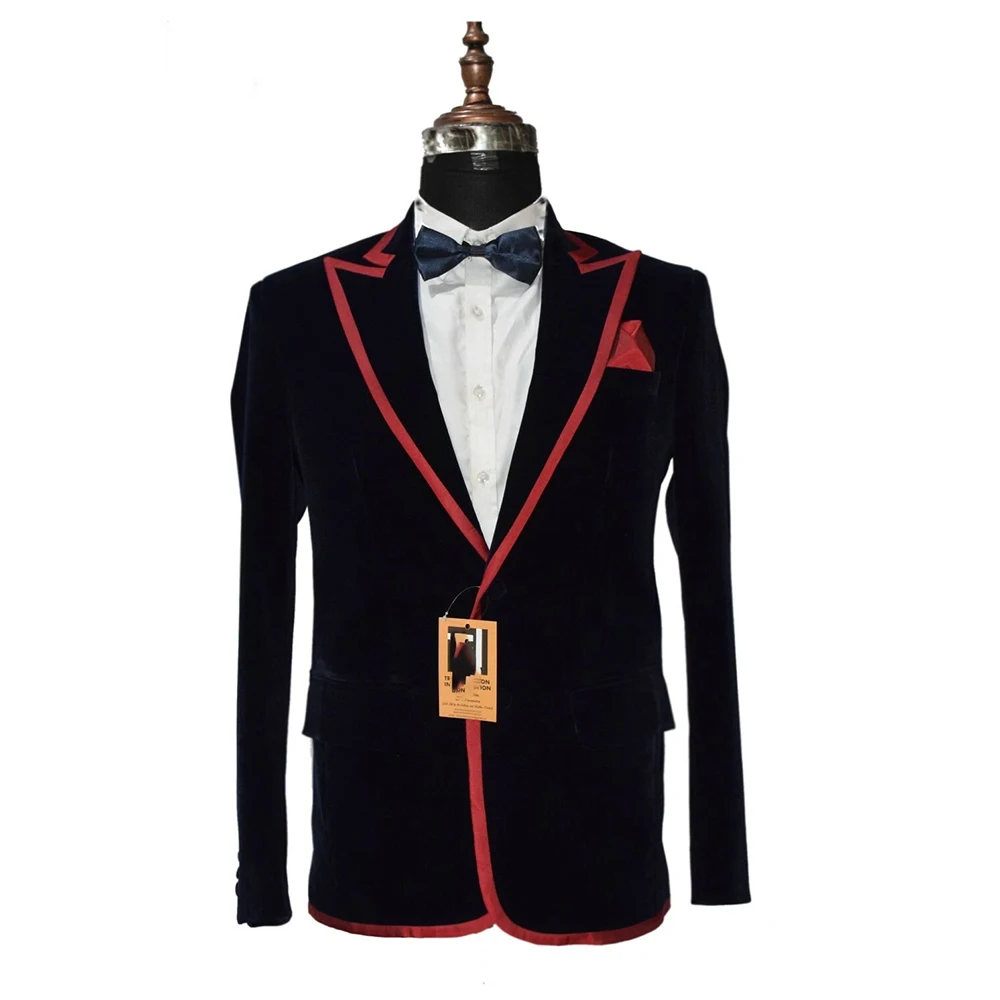 

Customzied Navy Blue Velvet Men's Blazer Suits Fashion Single Breasted Peak Lapel Slim Fit Outfits High Quality Clothing