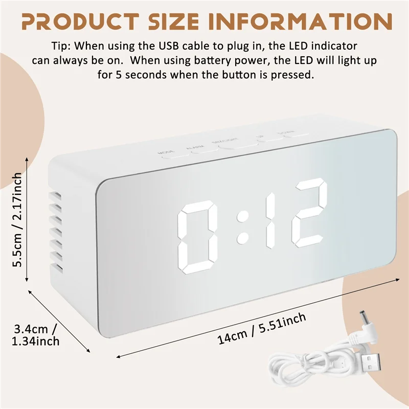 B16C-Led Digital Alarm Clock Snooze Alarm Clock With Mirror Adjustable Brightness And Temperature Display