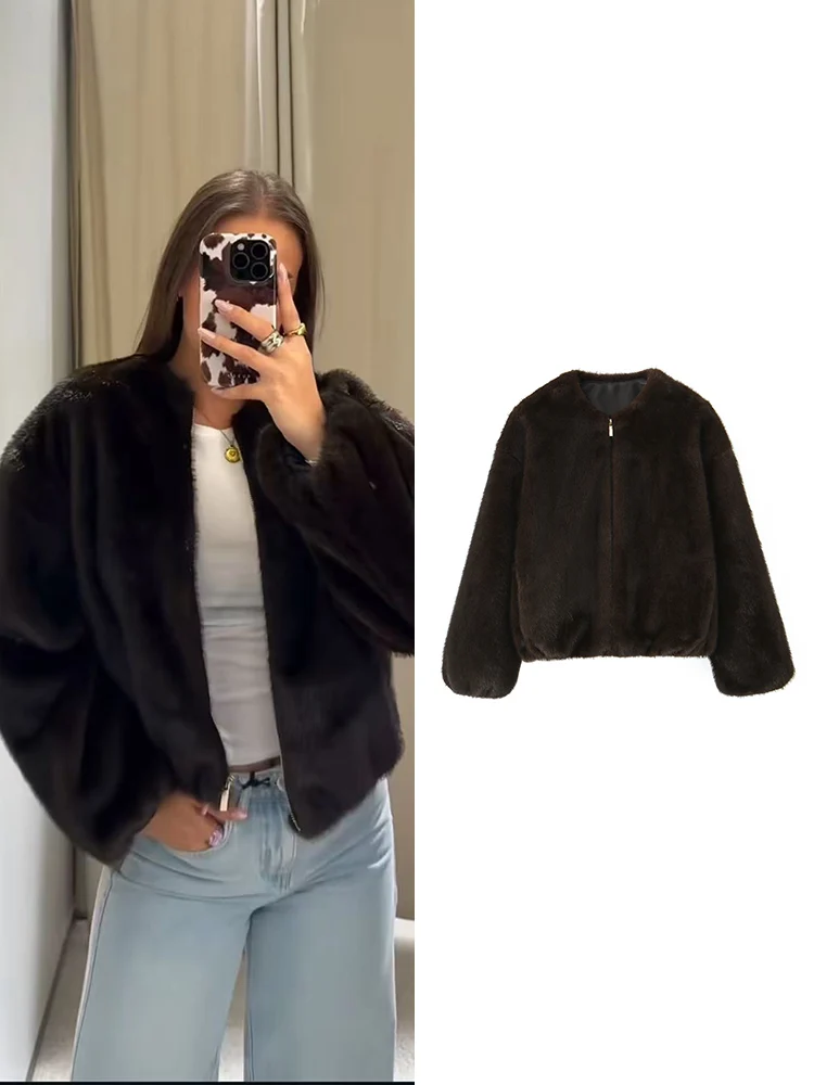 

Women's Thick Warm Faux Fur Bomber Jacket O Neck Long Sleeve Female Outerwear Fashion Vintage Casual Zipper Cropped Jacket