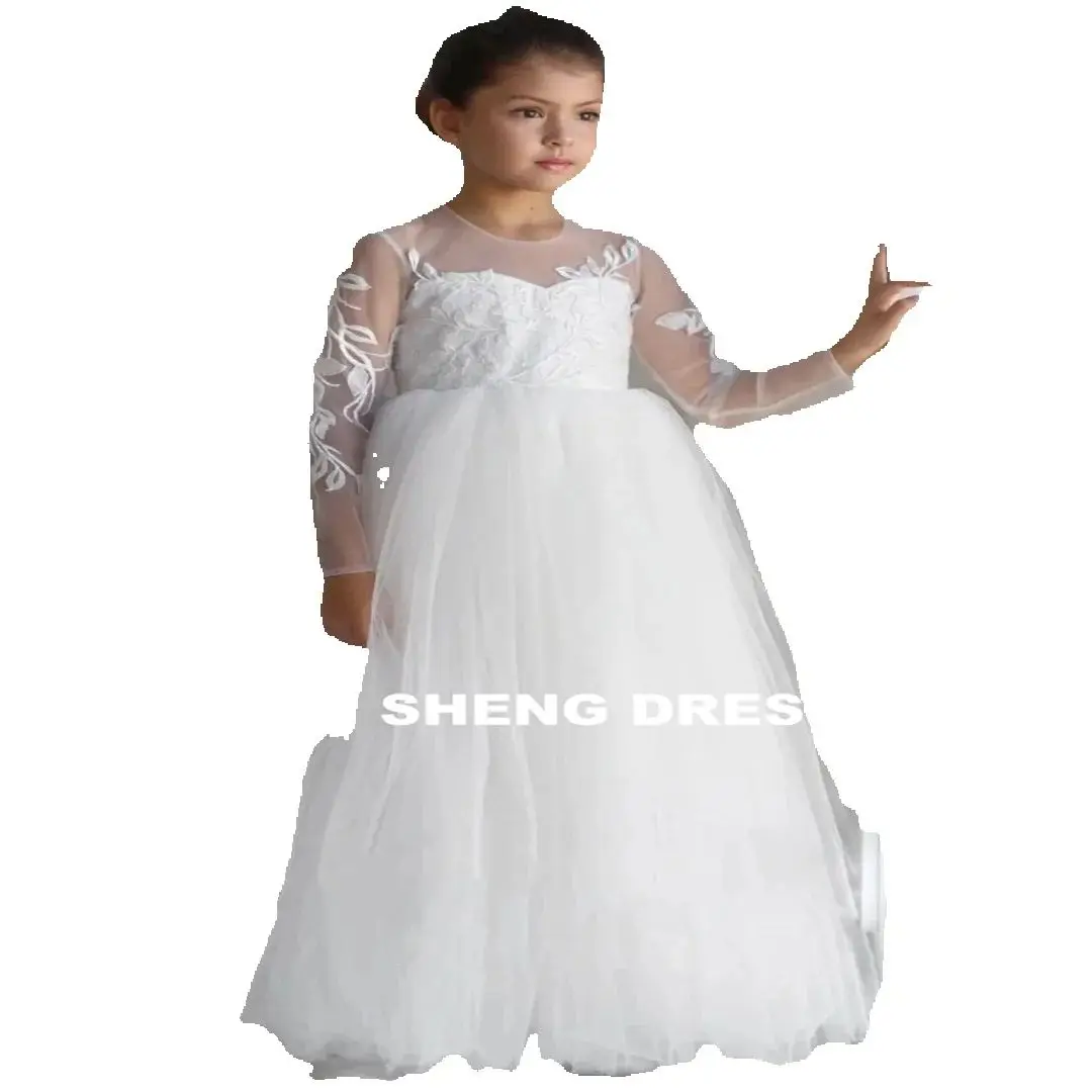 Maßgeschneiderte langärmlige weiße Tüllapplikationen Blumenmädchenkleider für Hochzeit, Geburtstag, Abschlussball, Bankett, Heilige Kommunion