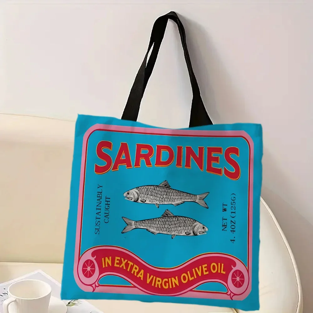 Bunte, trendige Sardinen-Druck-Freizeithandtasche, wiederverwendbarer modischer Rucksack, multifunktionale Einkaufstasche, Polyester-Einkaufstasche – Detail 20