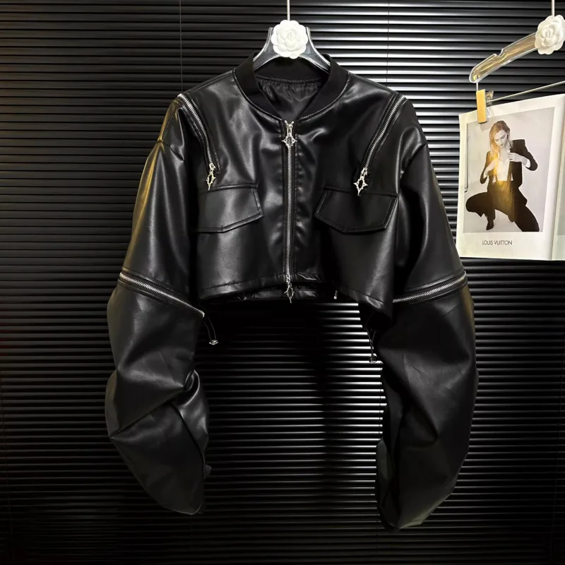 HKSH Herbst Neue Frauen PU Leder Jacke Stehkragen Langarm Plissee Zipper Streetwear Punk Techwear Chic Kurzen Mantel HK10136