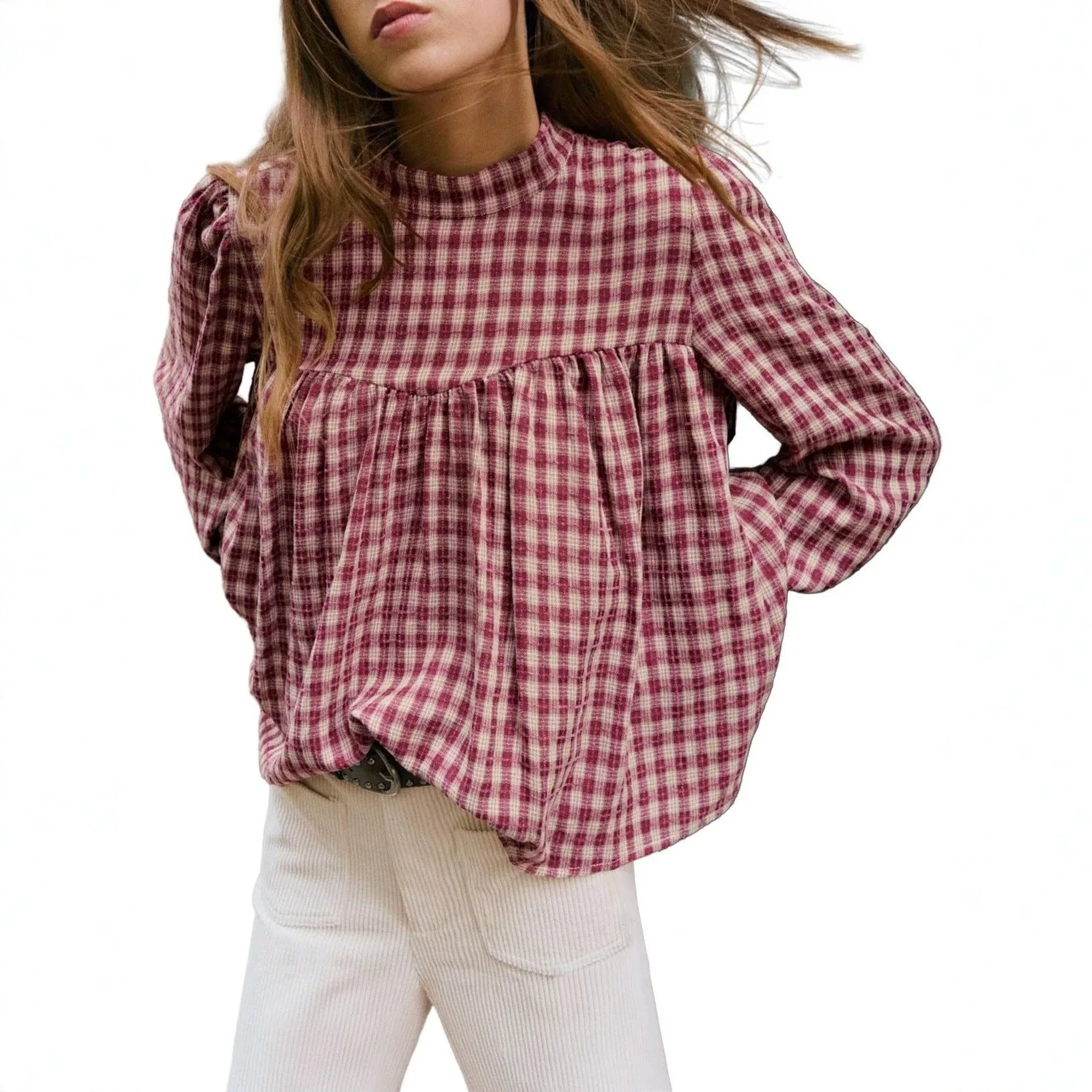 Checkered Pattern Plaid Blouse Regular Length Casual with Long Sleeve T Shirt Ins Style Shirt Blouse Patchwork Autumn Women Top
