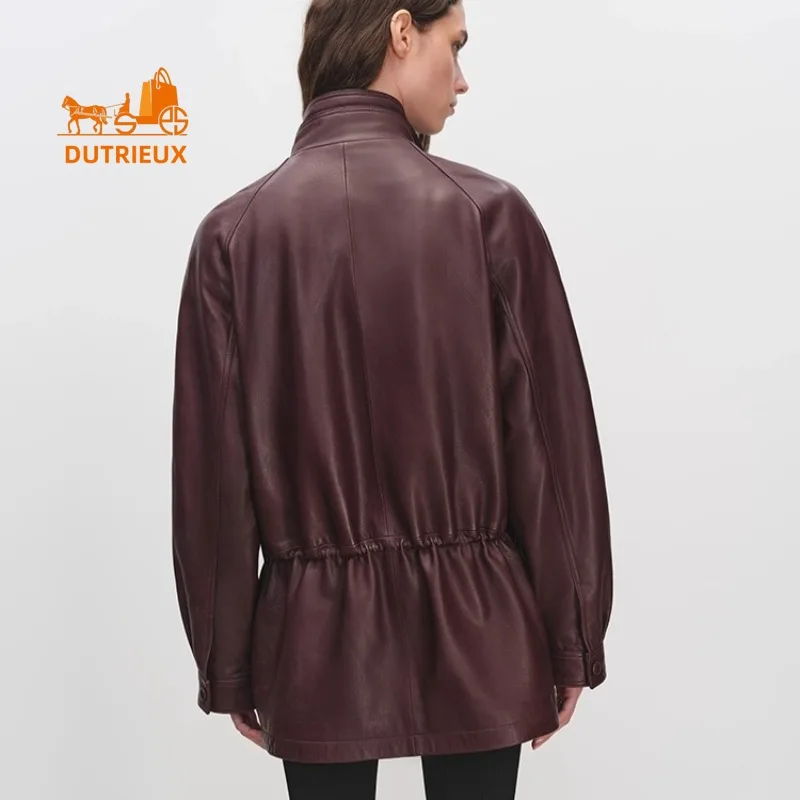 Giacca invernale da donna in pelle di media lunghezza con colletto a doppio strato e vita pieghettata, cappotto squisito elegante dignitoso al 100% in vera pelle di pecora