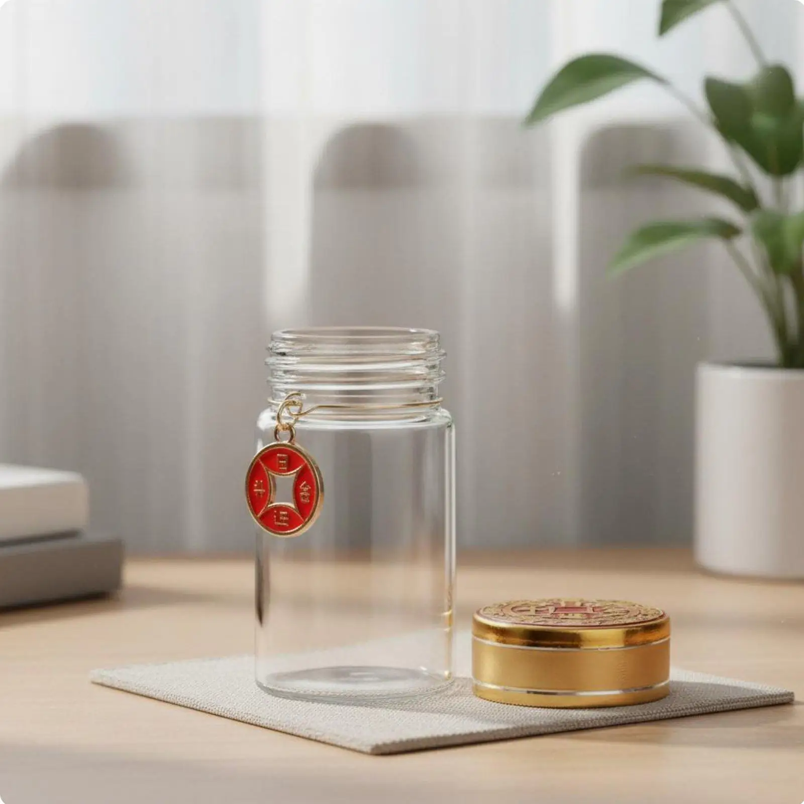 Mini Glass Fortune Bottle with Traditional Chinese Pattern Lid for Collecting Golden Beans Small Treasures Desktop Ornament