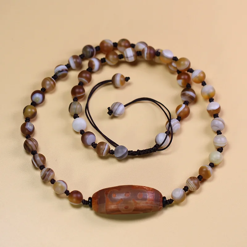 Tibetan natural genuine old mine raw stone agate fire offering lightning five-eyed dzi bead clavicle necklace 16*39mm