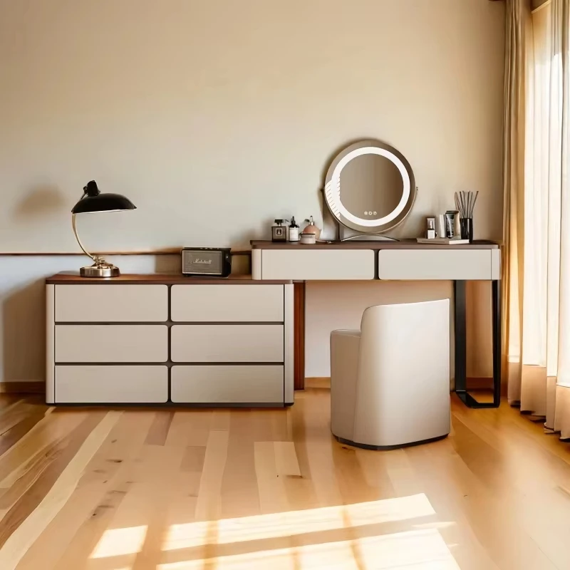 

French retro modern simple light luxury high-end, solid wood dresser, bedroom bedside table integrated makeup dresser