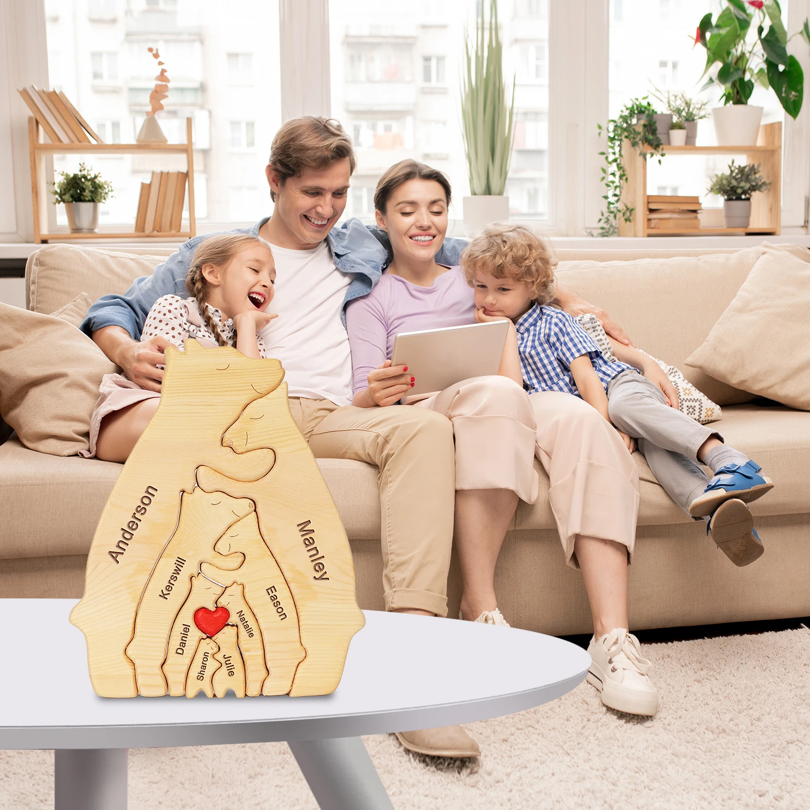 Gepersonaliseerde aangepaste beer familie houten puzzel gratis gravure naam voor verjaardagscadeau familienaam sculptuur 2-7 namen bureau decor