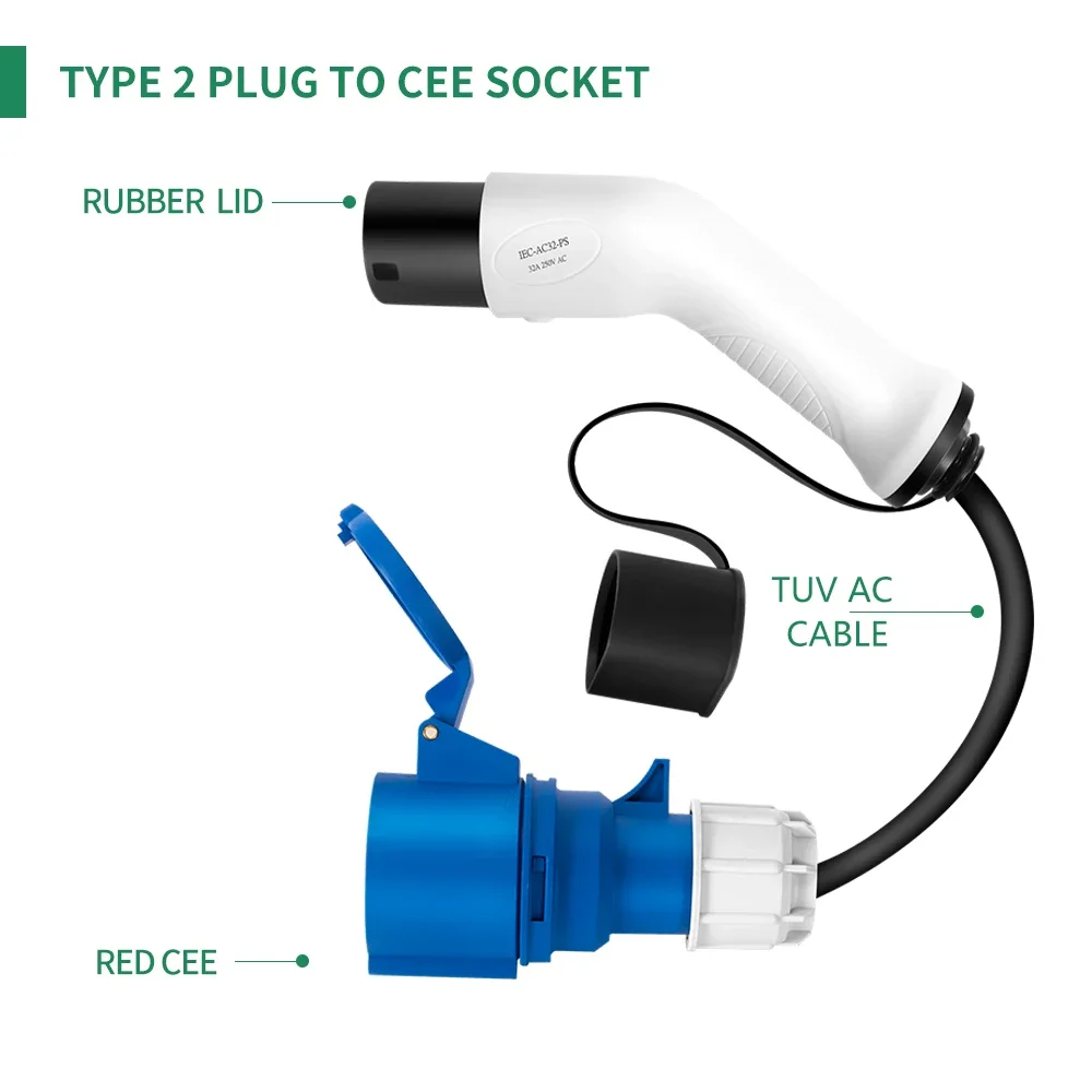 TYPE2 to CEE EV Adapr Type2  Plug  Cee Socket EVSE Charger Connecr Converr 32A for Electric Car Charging  Scket