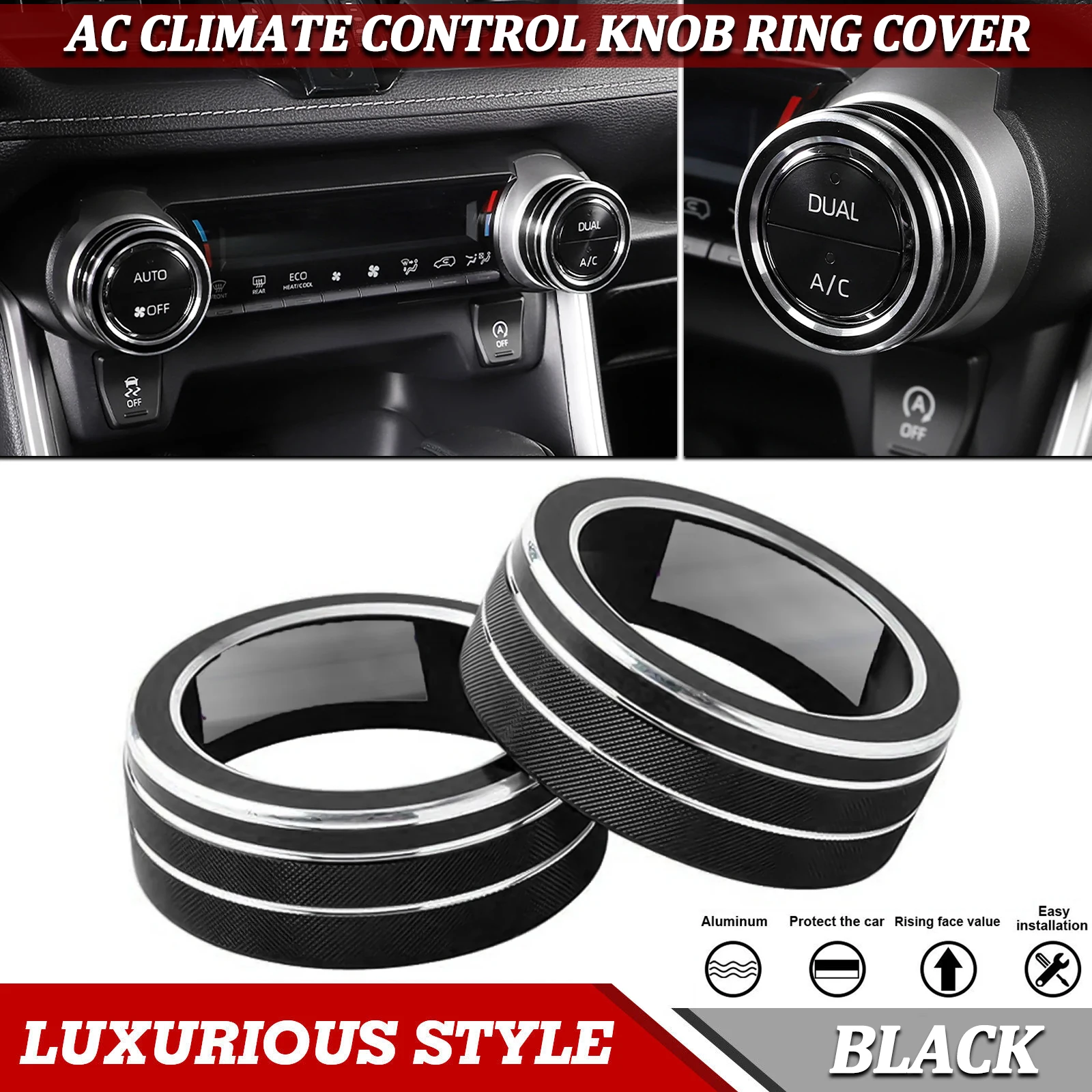 

2 шт. черных накладок на центральную консоль для управления климатом, декоративные кольца для Toyota RAV4 2019 2020 2021 2022