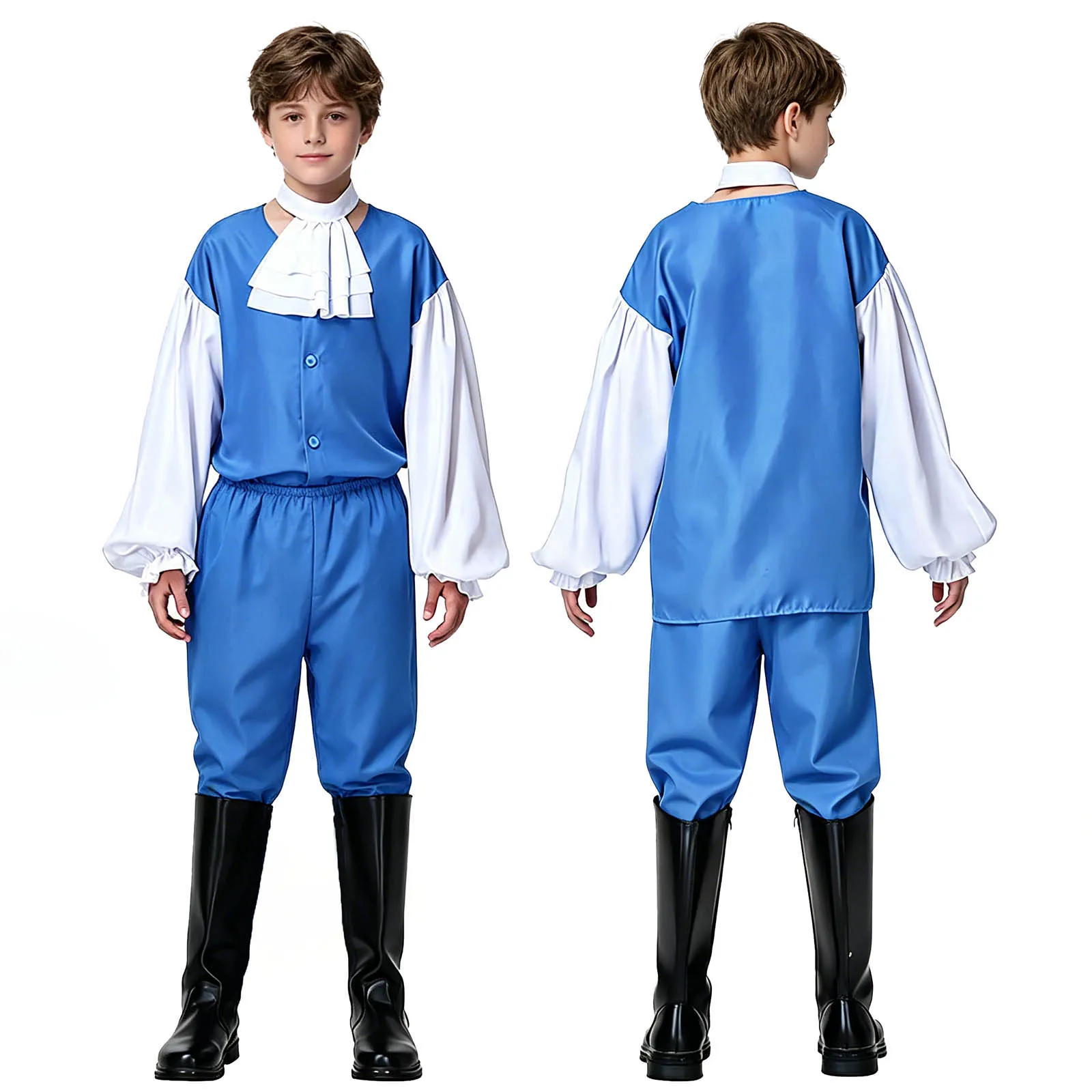 

#XS-XL Boys European Noble Prince Costume Outfit Lantern Sleeve Top Ruffle Faux Collar Pants for Halloween Role Playing Party