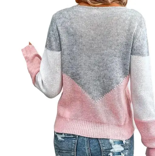 2025 autumn and winter new round neck pullover paired with hollowed out color blocked casual women's long sleeved shirt