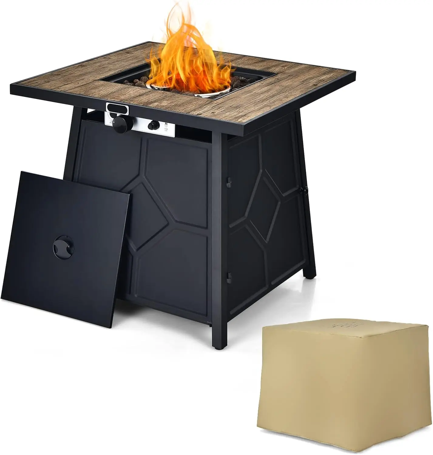 28 Inches Propane Fire Pit Table, 40,000 BTU Square Fire Table with Lid, Lava Stone, Waterproof Cover, Outdoor Dining