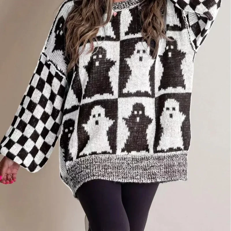 2024 Explosive Halloween Loose Autumn and Winter European and American Knitted Ghost Pattern Sweater