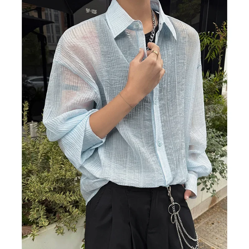 Summer Light Blue Lyocell Tencel Long Sleeve Shirt Men's Sheer Mesh Ice Silk Sun Protection Blouse
