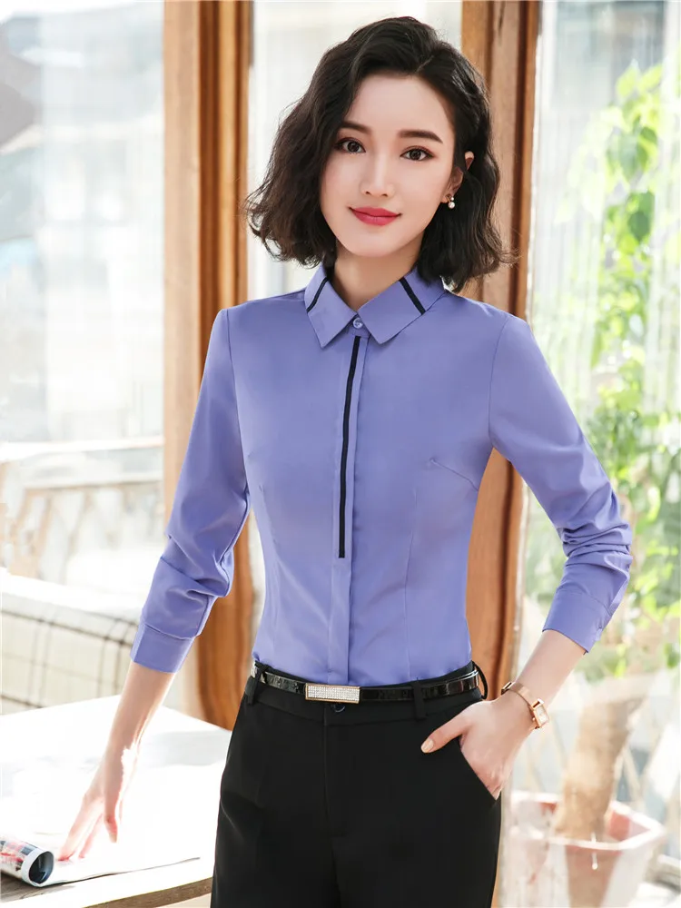 Long Sleeve Shirts For Women Gray Blue Korean Style Office Ladies Work Wear Elegant Blouses Female Tops Spring Autumn New
