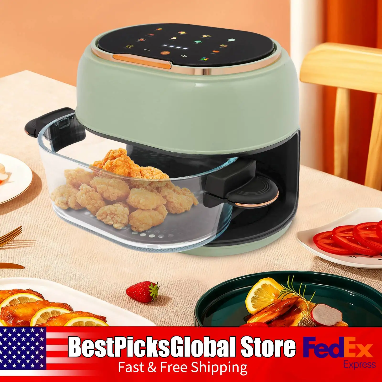 Freidora de aire caliente de 1350W con pantalla LCD, freidora de aire grande de 4L con recipiente para hornear visible para alas de pollo, carne y camarones, 110V