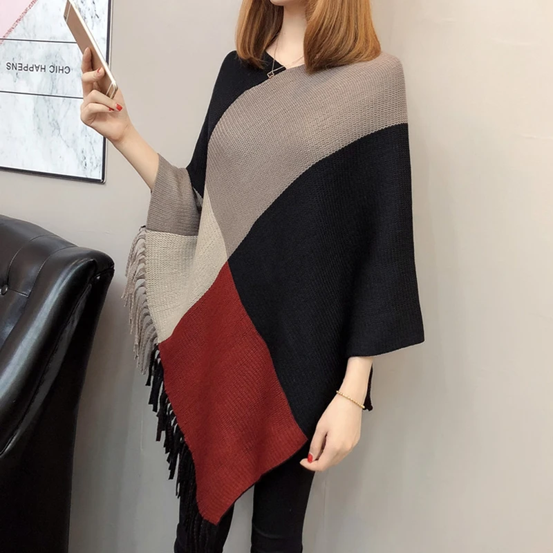 Femme Autumn Winter Women Tassel Knitted Sweater Poncho Sexy Color Block V Neck Irregular Tassel Hem Casual Loose Pullover