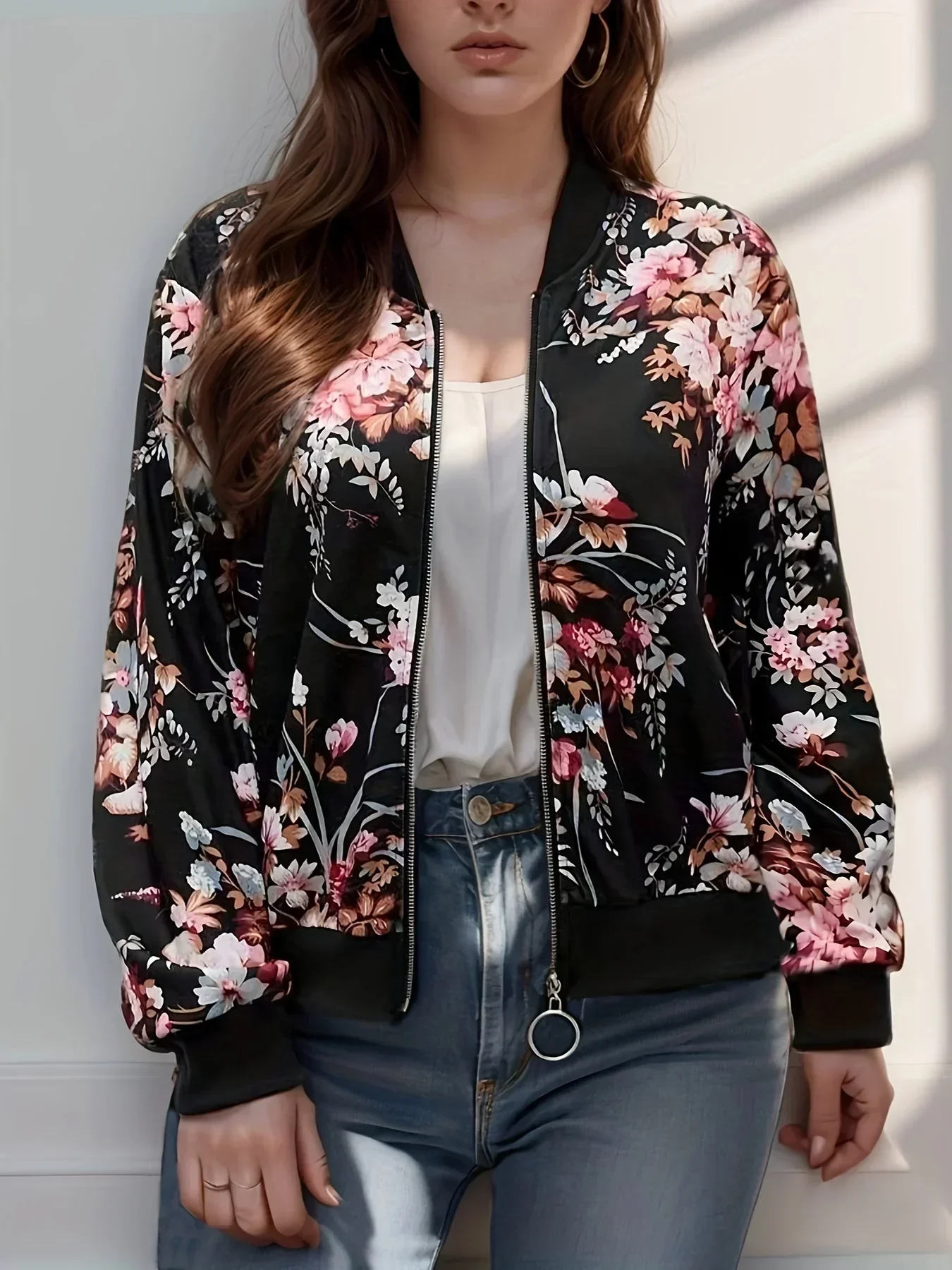 Plus Size Color Block Floral Print Bomber Jacket, Casual Crop Zipper Front Long Sleeve, Odzież damska Plus Size