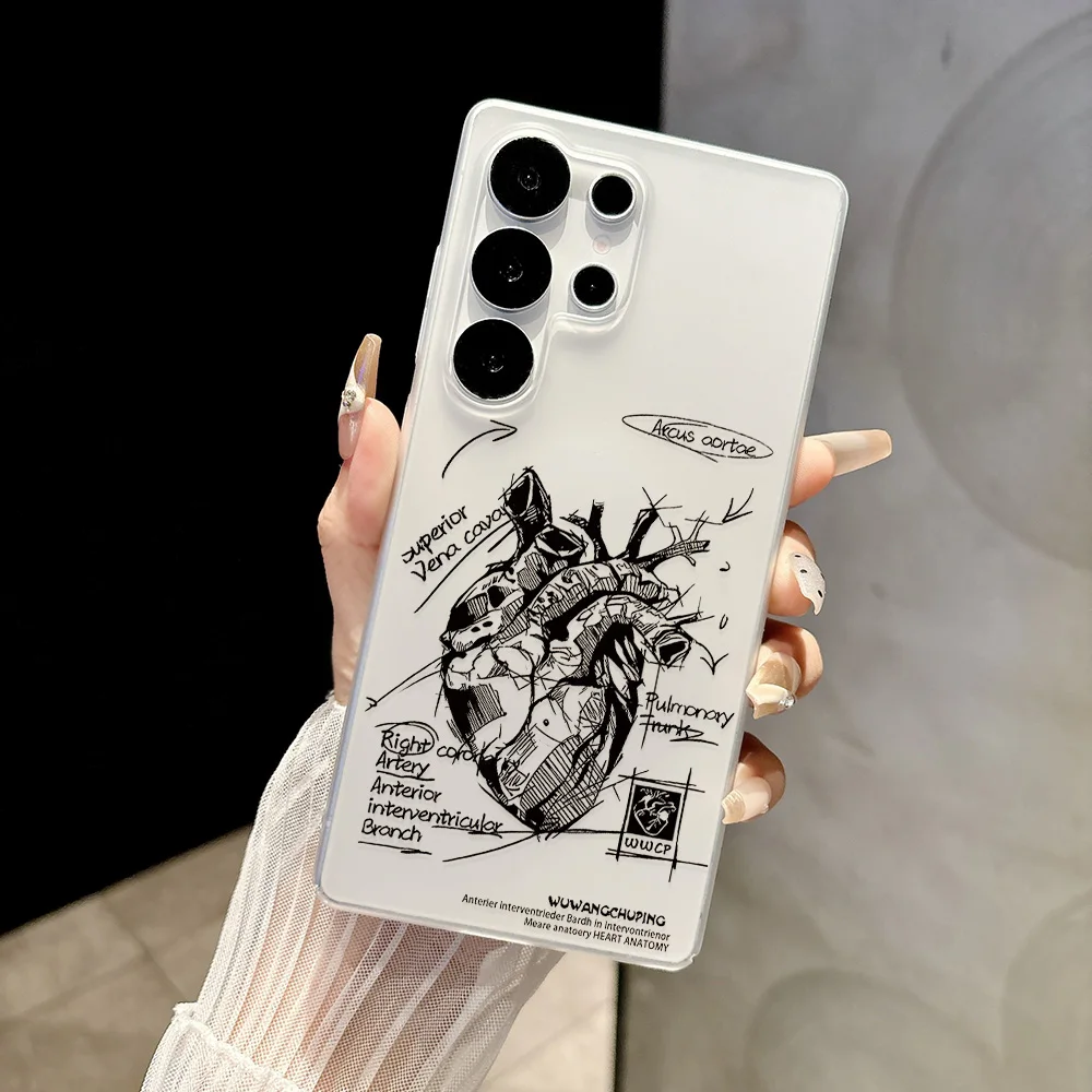 Matte White Clear Phone Case for Samsung Galaxy S26 S25 Ultra S24 FE A57 5G A07 A06 A15 4G Cases Black line heart Painting Funda