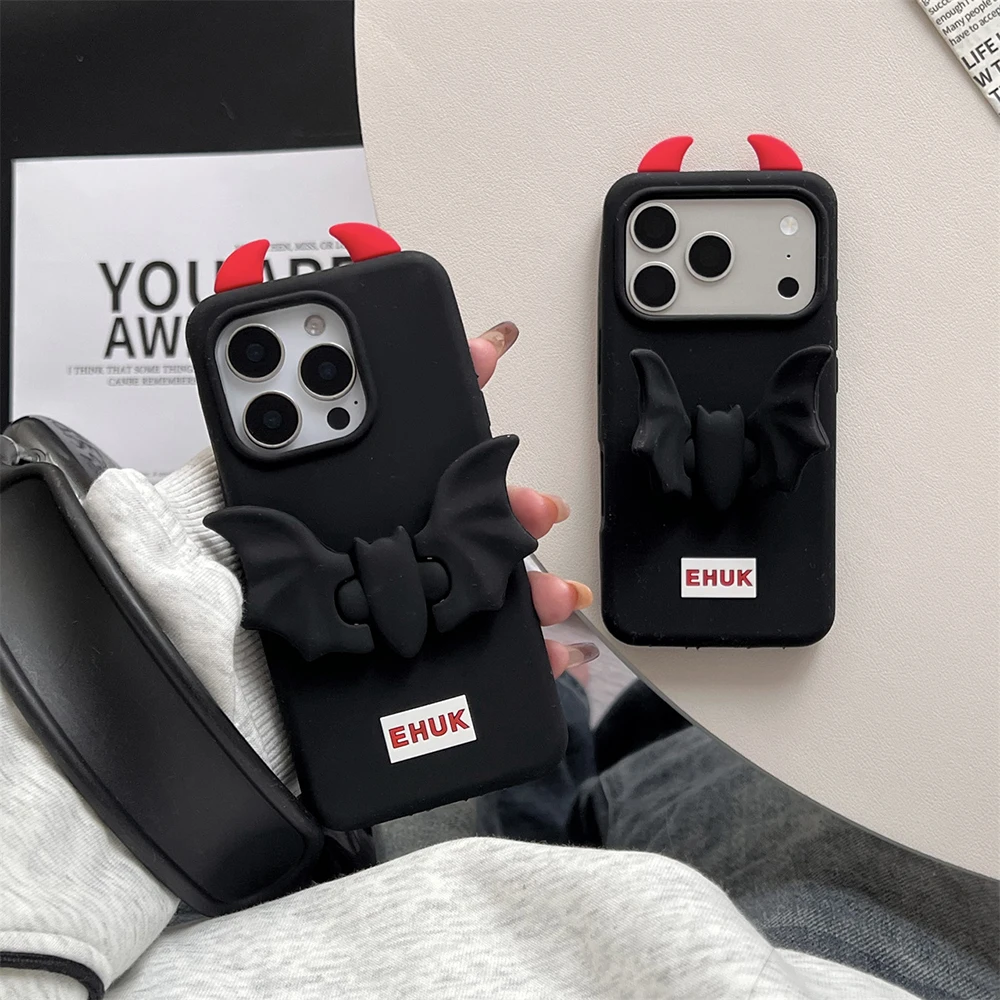 3D Teufel Hörner Fledermaus Weiche Silikon Ständer Halter Telefon Fall Für iPhone 16 Plus 17 15 14 13 12 Pro max Lustige Stoßfest Zurück Abdeckung – Detail 8