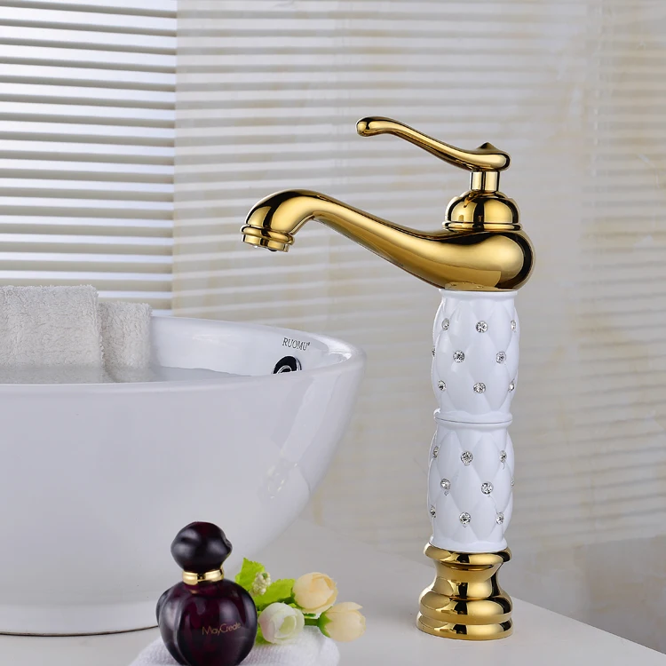 European Style Bathroom Golden Washbasin Basin Single Handle Single Hole Copper Heightened Table Basin Hot and Cold Faucet