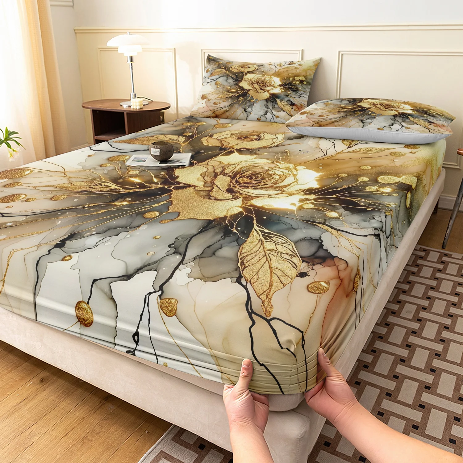 3 Pieces Luxury Golden Marble Rose Fitted Sheet Set, Glitter Gold Floral Marble Print Bedding, For Bedrooms Dormitories Hotels