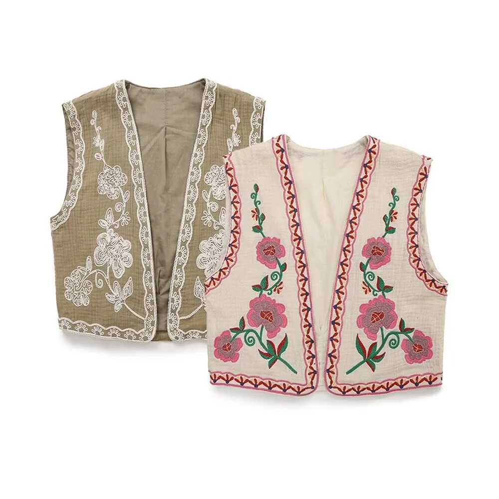 

Летняя новая женская майка UNIZERA2024 с V-образным вырезом и цветочной вышивкой, открытая передняя майка, жилет, жилет, короткий топ